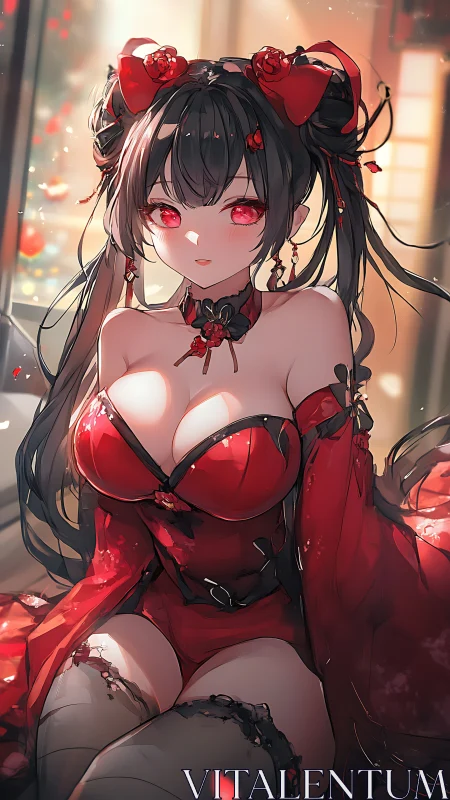 Crimson-eyed gothic heroine in luminous anime portrait.