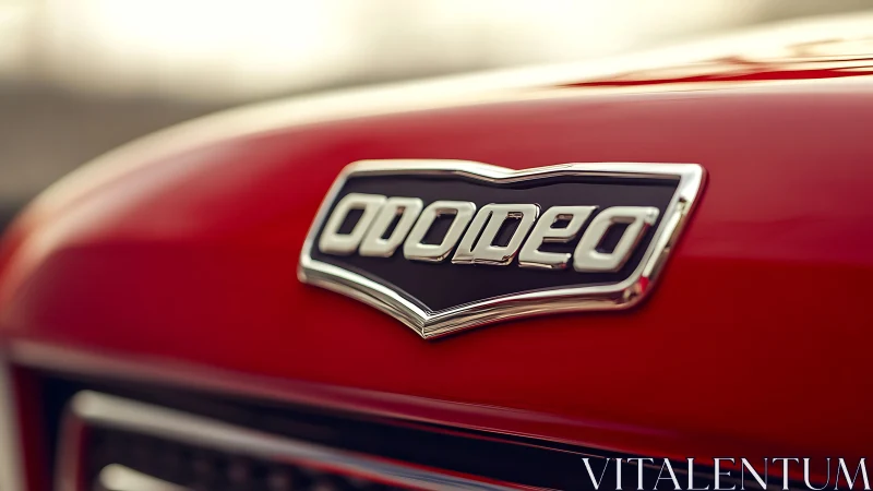 Chrome automotive emblem on glossy red hood in shallow focus