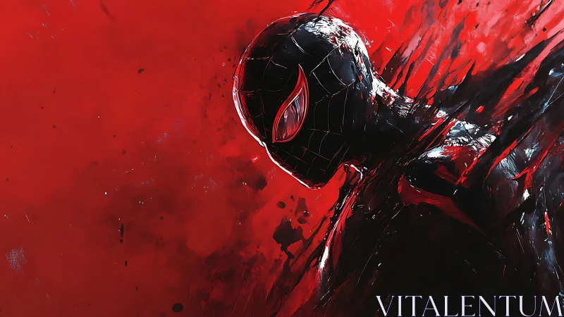 Crimson-splashed masked hero swimming through bold shadows.