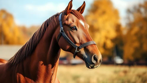 Photorealistic chestnut horse portrait in autumn light.