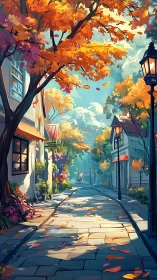 Tree-lined residential street in early autumn daylight scene.