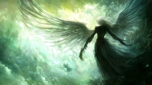 Mystic winged guardian rising through glowing stormlight.