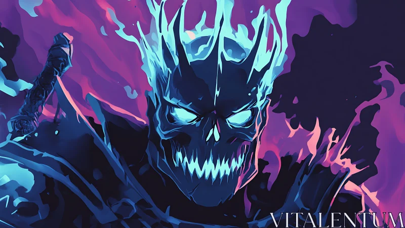 Flaming spectral warlord rendered in neon blue and magenta tones.