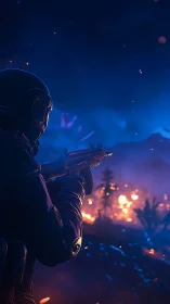 Lone space soldier watching a neon battlefield ignite at dusk.