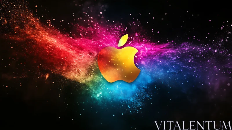 Golden apple emblem amid exploding cosmic color storm.