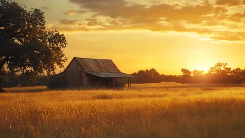 Sunlit barn hums quietly in a field of liquid gold