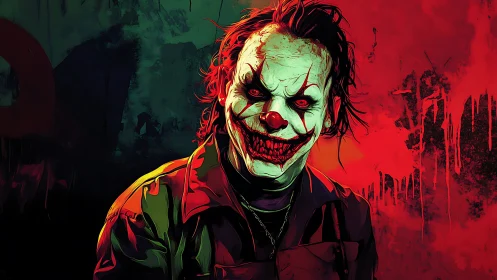Grinning nightmare clown bathed in toxic carnival neon.