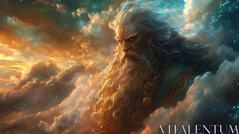 Stormbearded sky monarch brooding in molten twilight clouds.