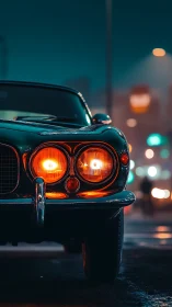 Night street portrait of classic coupe front fascia, teal bokeh