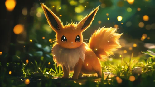 Glowing foxlike creature in forest with warm bokeh light.