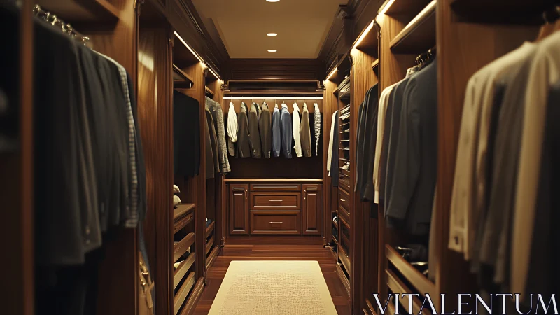 Luxury walk-in closet showcases tailored wardrobe elegance.
