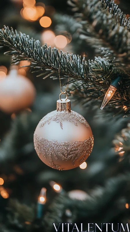 Softly glowing Christmas bauble on a cozy evergreen tree.