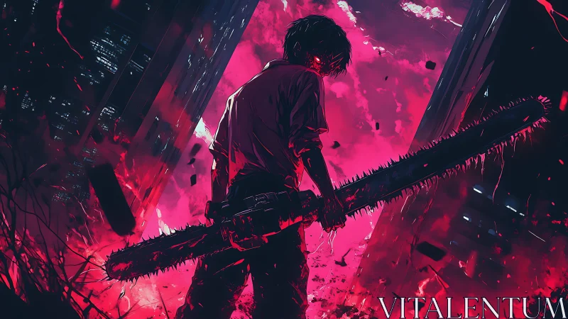 Chainsaw warrior stalks neon city under erupting crimson sky.