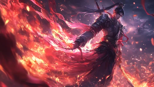 Fire-wreathed warrior strides through swirling crimson power.