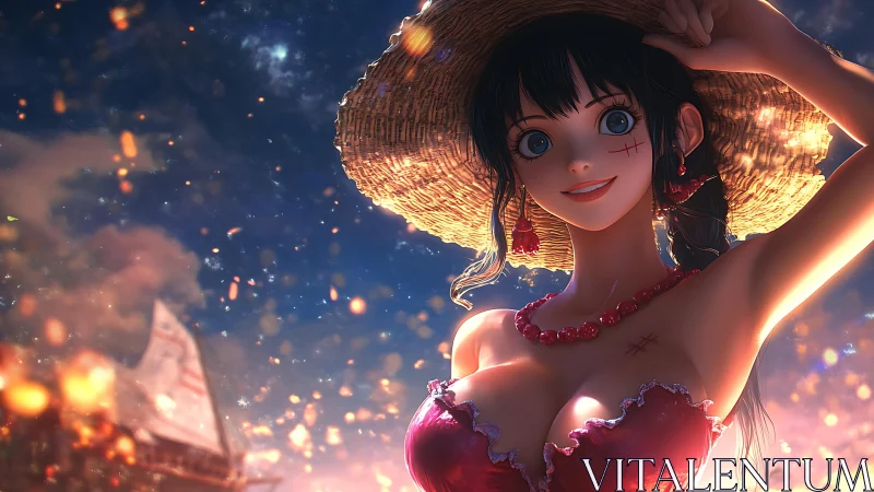 Sunlit anime mariner in straw hat under glowing emberscape.