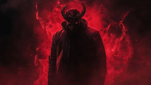 Horned silhouette in red infernal smoke with dramatic backlight.