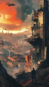 Lone wanderer studies rusted citadel under a burning sky