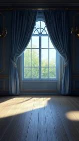 Sunlit neoclassical window with blue drapery and wood floor.