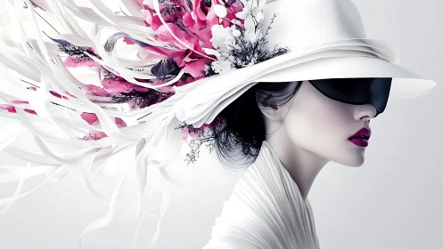 Graceful woman in white hat with flowing floral accents.