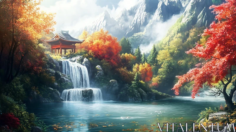 Autumn pagoda dreaming above a silver misted waterfall.
