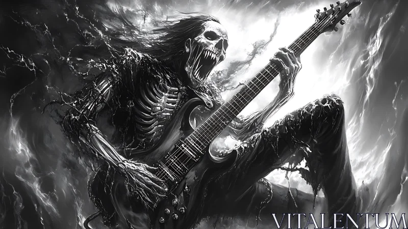 Skeletal electric guitarist in monochrome infernal environment.