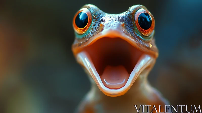 Close macro view of frog head with open mouth shown.