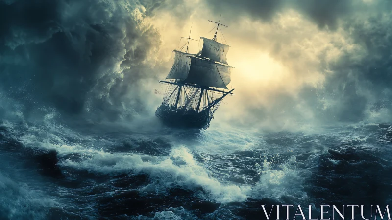 Storm-tossed sailing ship chasing light through wild waves.