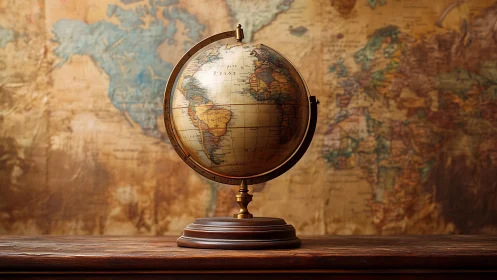 Vintage world globe on wooden base before old map.