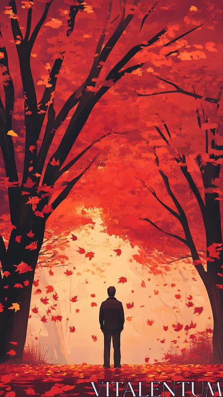 Digital painting of solitary figure under blazing autumn canopy.