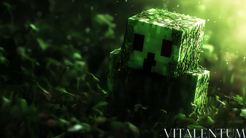 Voxel creeper entity emerging from luminous mossy forest.