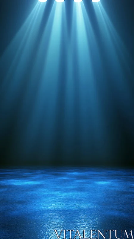 Four converging blue spotlights over reflective floor stage.