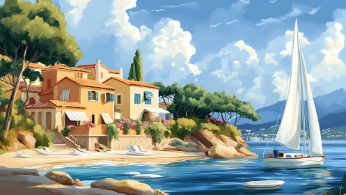 Mediterranean coastal villa and sailboat on calm blue sea.