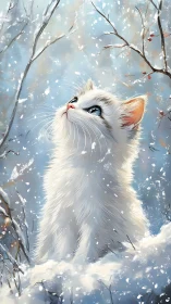 White Kitten in Winter Forest Setting Among Frosted Branches