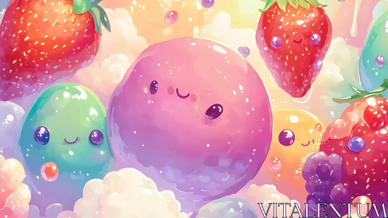 Digital illustration of anthropomorphic fruits and spheres with gradient coloring.