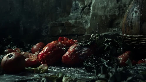 Decayed tomatoes form a chiaroscuro still life on stone
