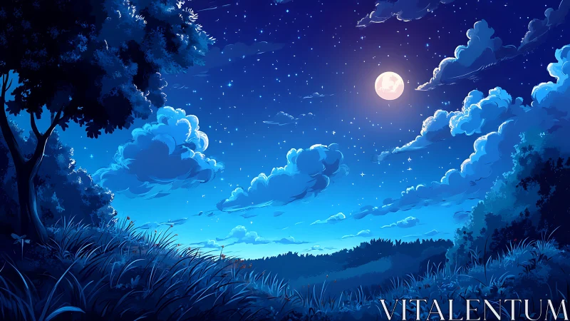 Moonlit hillside whispers under a glowing starry night sky