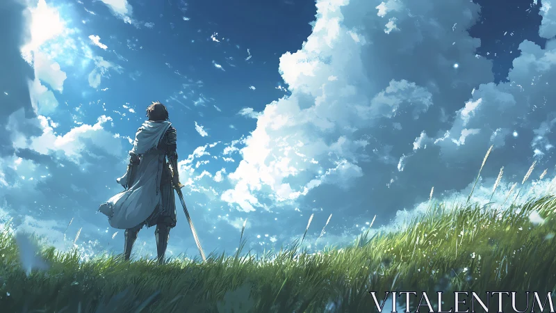 Lone swordsman beneath towering summer clouds at dusk.