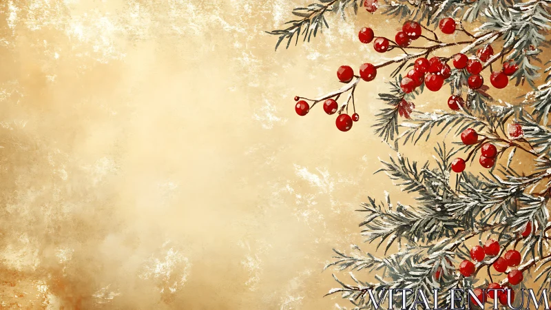 Fir branches and red berries extend across textured background