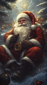 Jolly Santa resting in snowy forest, glowing with wonder.