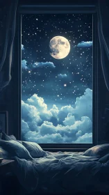 Moonlit bedroom window framing dreamy night sky vista.