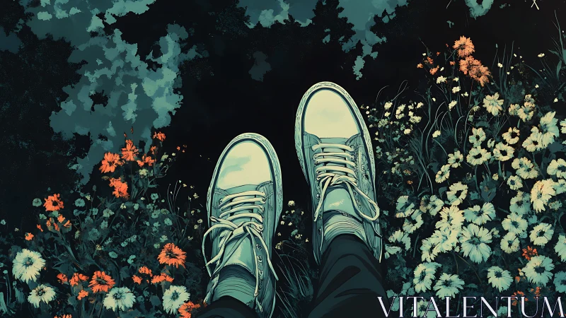 Digital painting of sneakers suspended above wildflower verge.