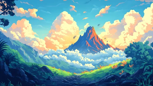 Sunlit volcanic peak rises above stratified clouds and lush valley