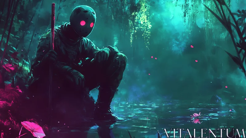 Masked sentinel crouches by neon-lit pond in bioluminescent swamp