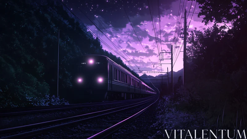 Electric train on rural track under violet twilight sky.