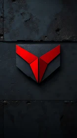 3D red angular emblem on dark industrial textured panel.