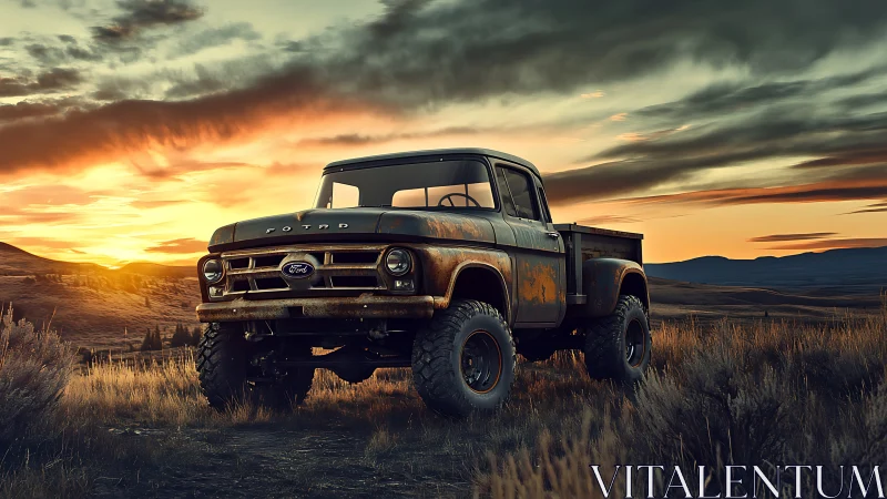 Weathered vintage pickup truck in rugged sunset field.