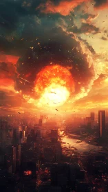 Massive fiery explosion over dense modern city skyline.