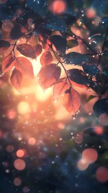 Backlit wet foliage with shallow focus and bokeh glow.