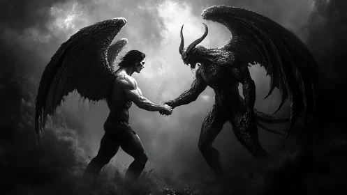 Angel and demon clasp hands in a storm of shadowed light