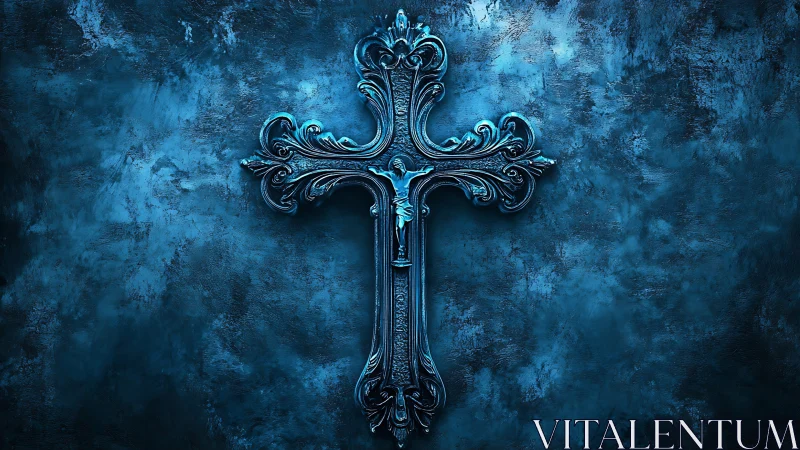 Embossed metallic cross with baroque filigree on textured blue wall